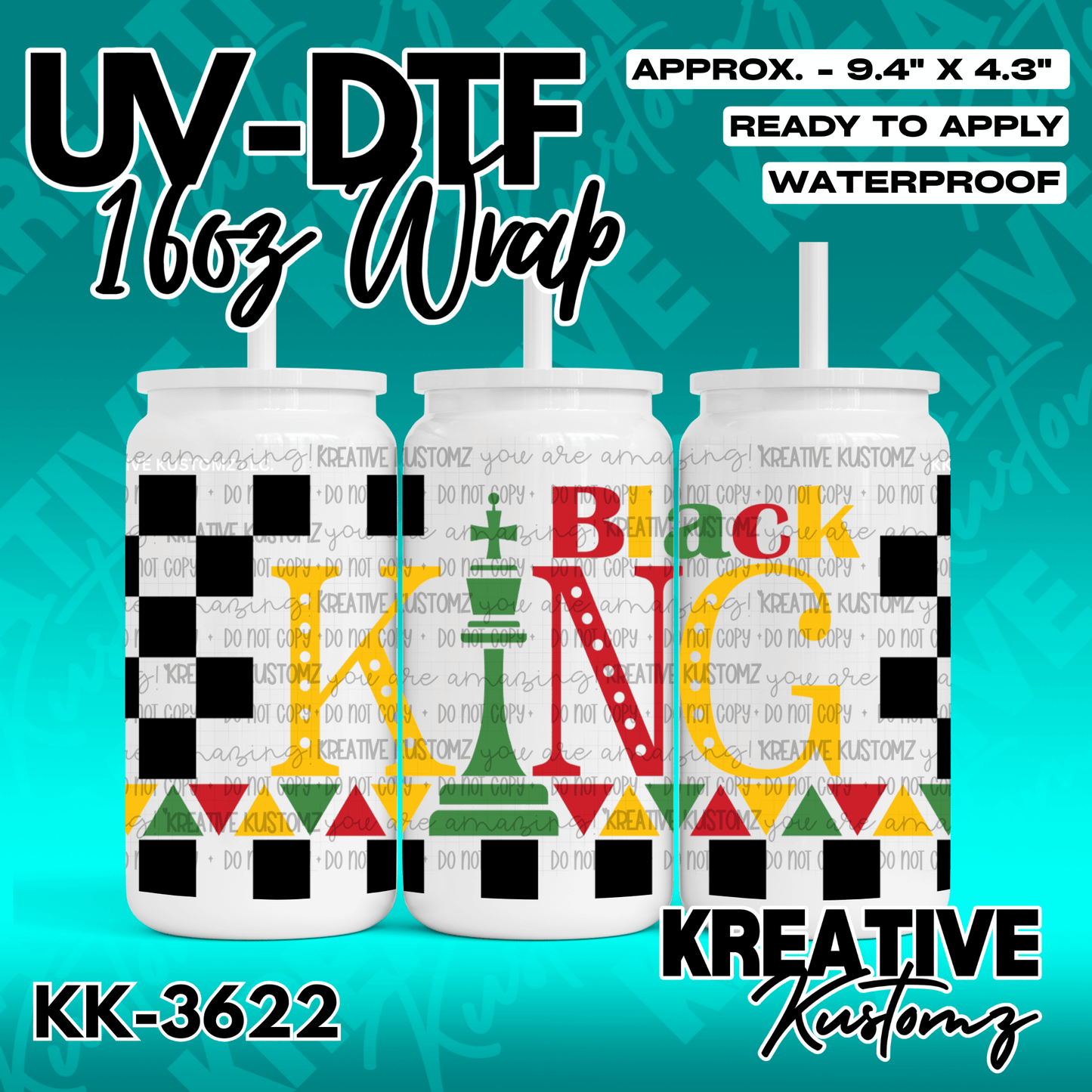 A UV DTF wrap for a 16oz glass can featuring a chess-themed Black King design.