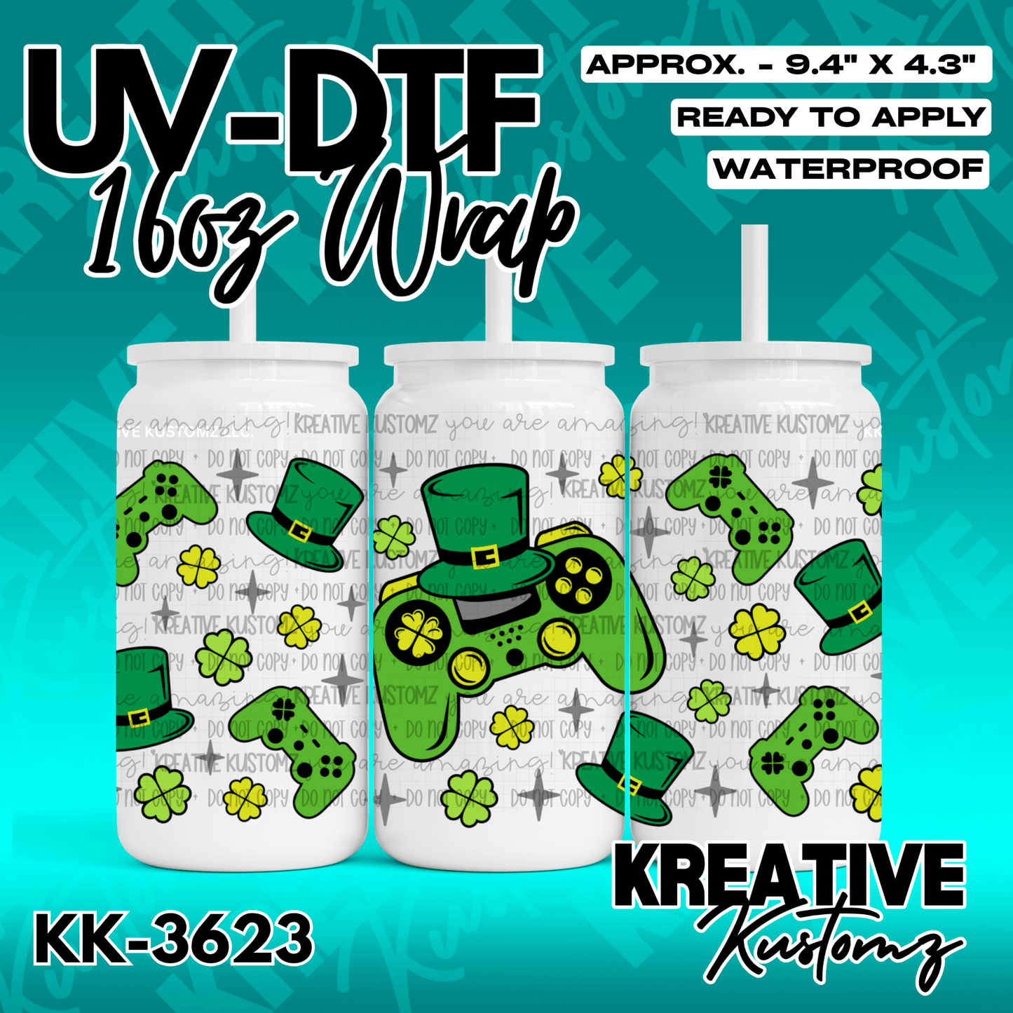 A St. Patrick's Day themed adhesive wrap for a 16oz glass cup featuring green controllers and hats.