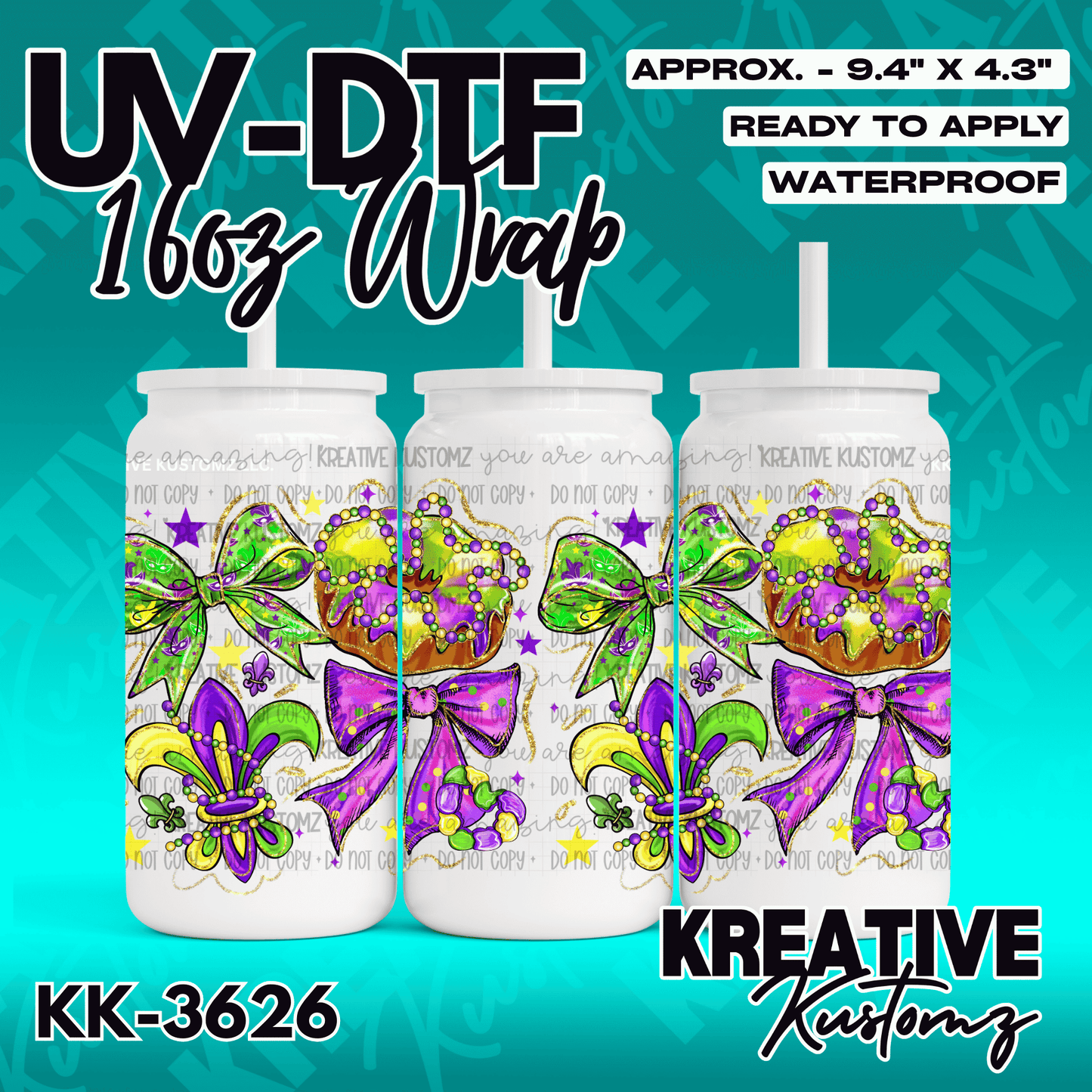 A Mardi Gras themed UV DTF adhesive wrap featuring bows, fleur-de-lis, and beads for glass cans.