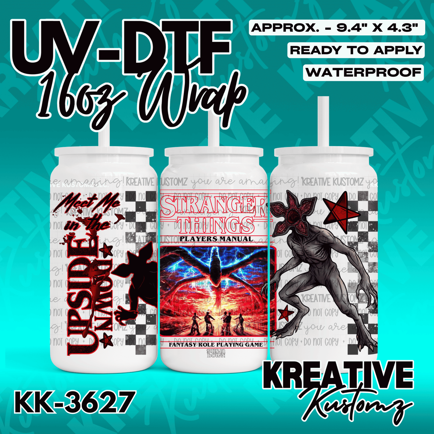 A Stranger Things themed UV DTF adhesive wrap for a 16oz glass can.