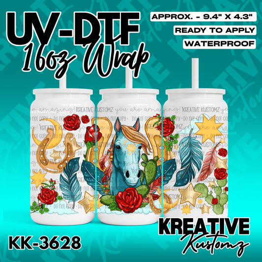 A western-themed adhesive cup wrap featuring a horse, roses, horseshoes, and cacti.