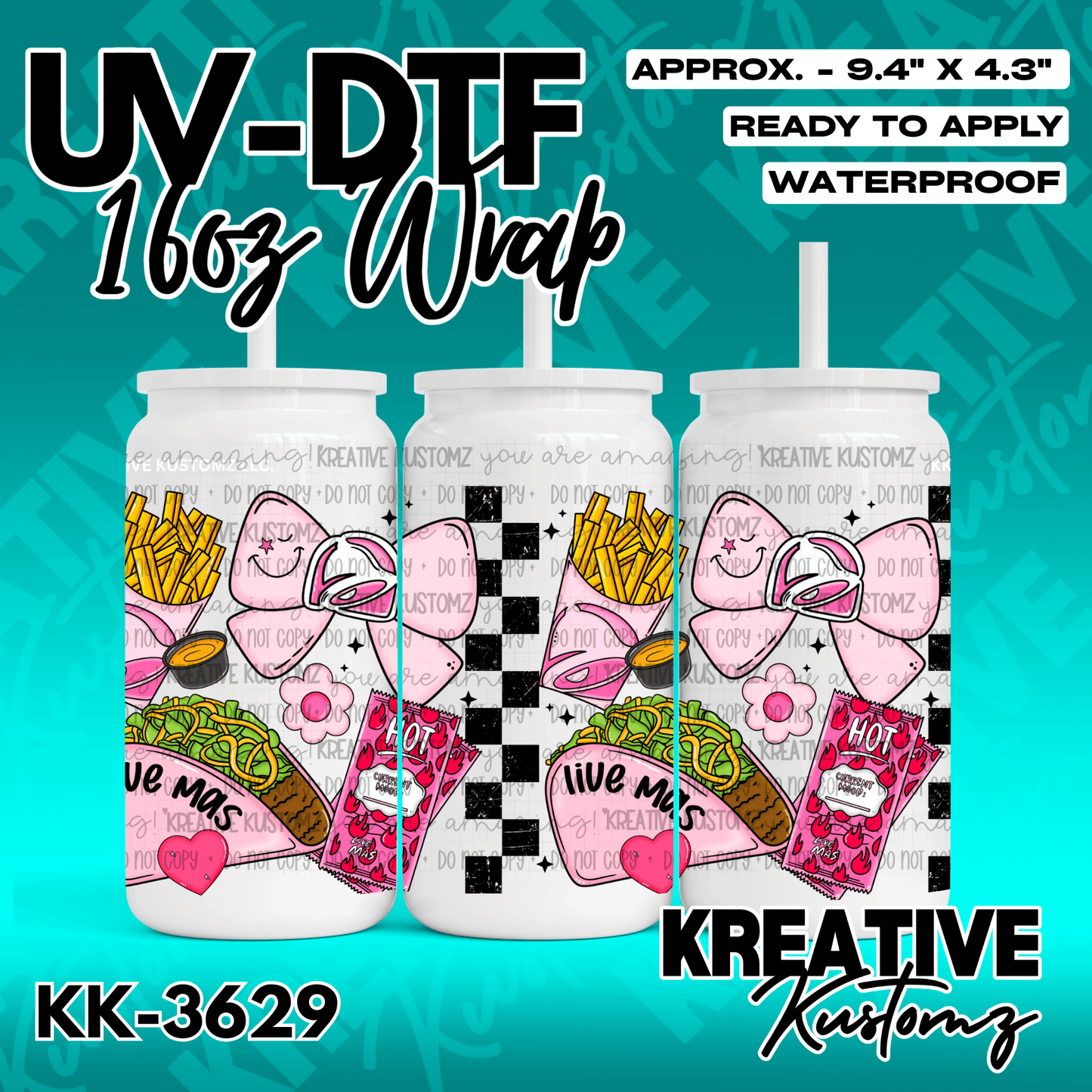 A UV DTF adhesive cup wrap featuring a fast food theme with tacos, fries, and pink bows.