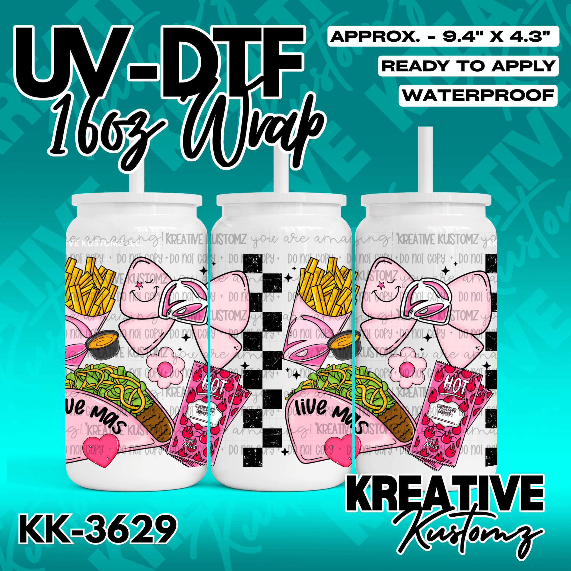 A UV DTF adhesive cup wrap featuring a fast food theme with tacos, fries, and pink bows.