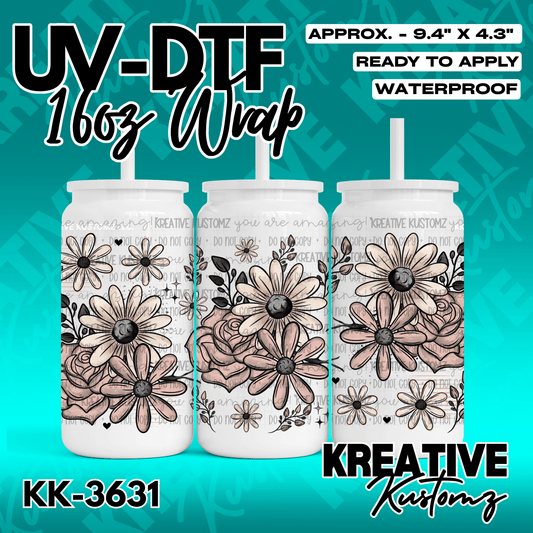 A floral UV DTF adhesive wrap for 16oz glass cans featuring a pattern of pink and brown flowers.