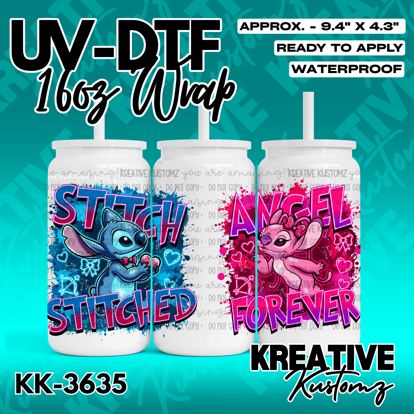 A UV DTF adhesive wrap for 16oz glass cans featuring Stitch and Angel character designs.
