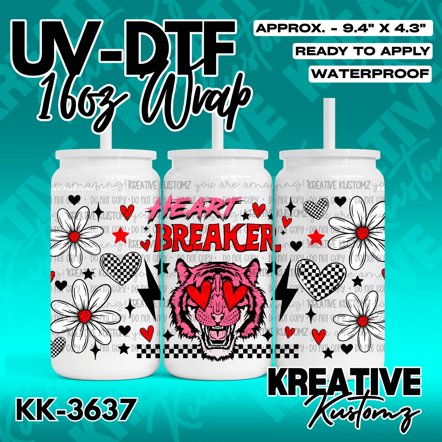 A UV DTF cup wrap featuring a tiger face, hearts, and flowers on a checkered background.