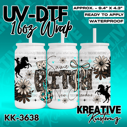 A UV DTF adhesive wrap for a 16oz glass can featuring a western theme with horses and flowers.