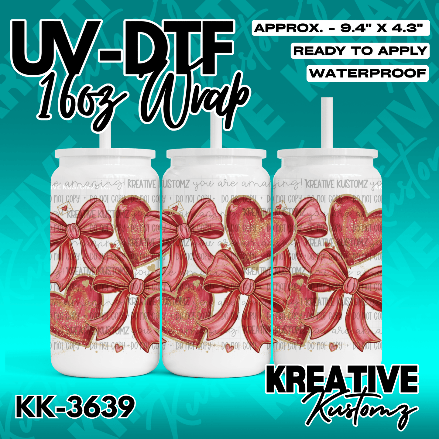 A UV DTF cup wrap featuring red hearts and pink bows for a 16oz glass can.
