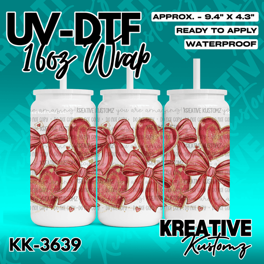 A UV DTF cup wrap featuring red hearts and pink bows for a 16oz glass can.