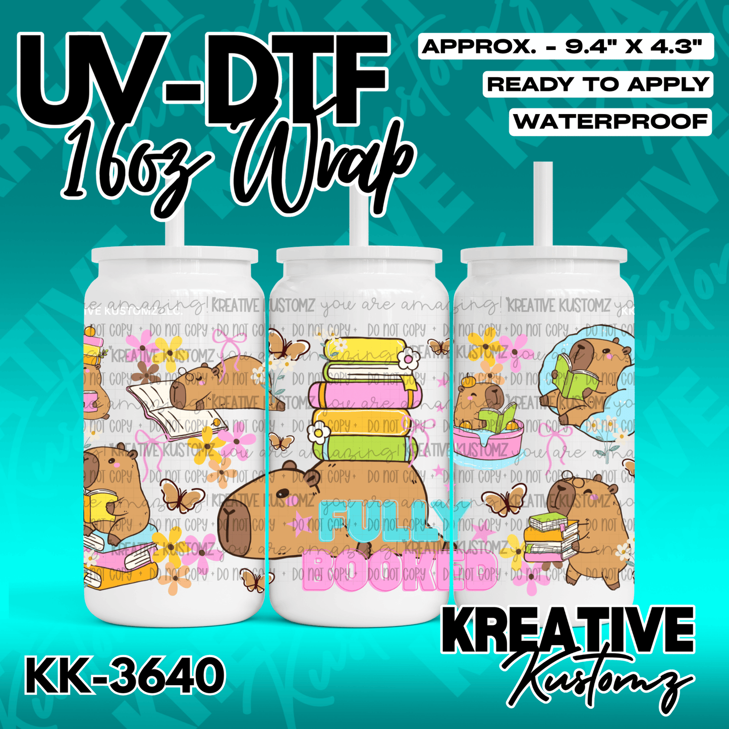 A UV DTF adhesive wrap for 16oz glass cans featuring capybaras, books, and floral designs.
