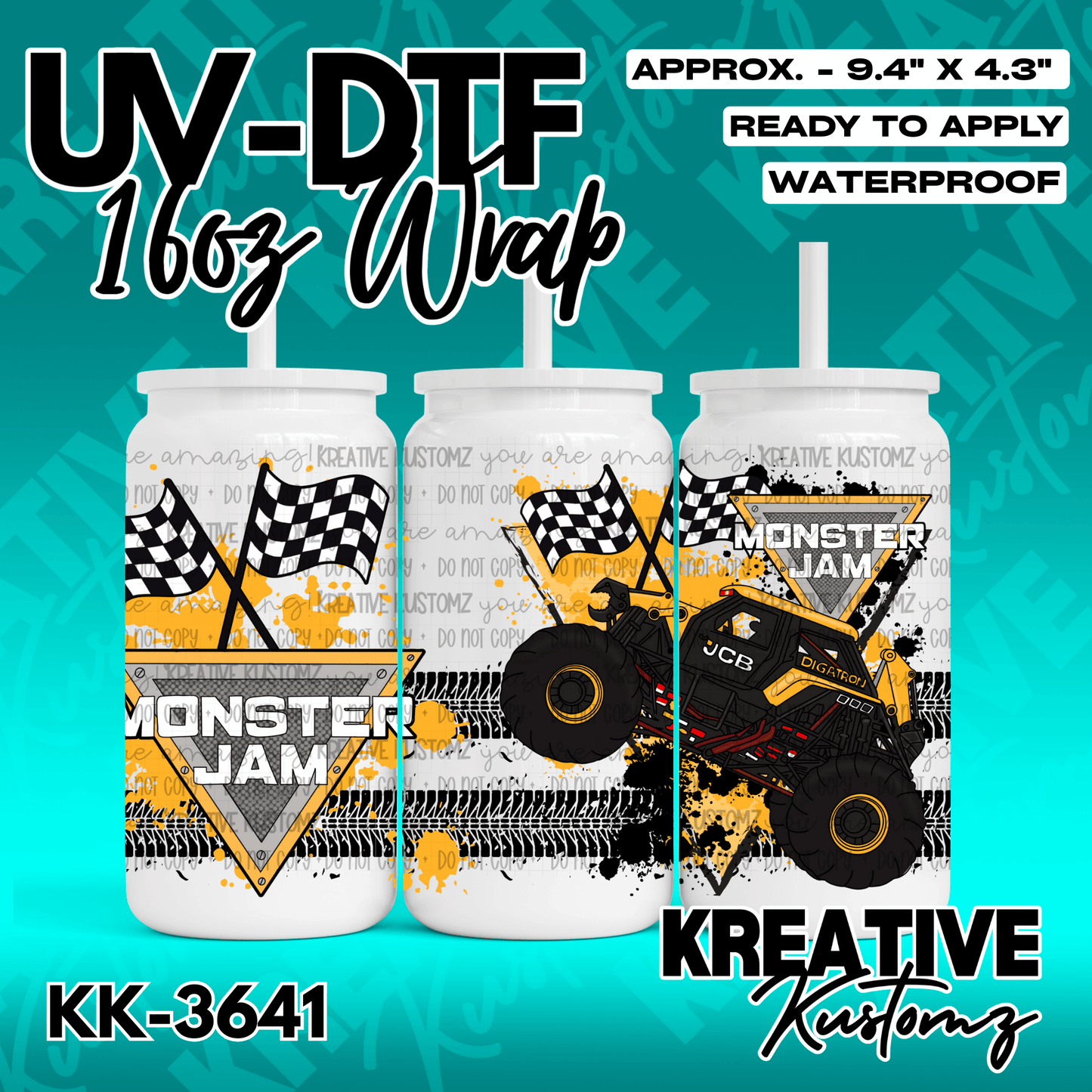 A Monster Jam themed UV DTF adhesive wrap for a 16oz glass can featuring a yellow monster truck.