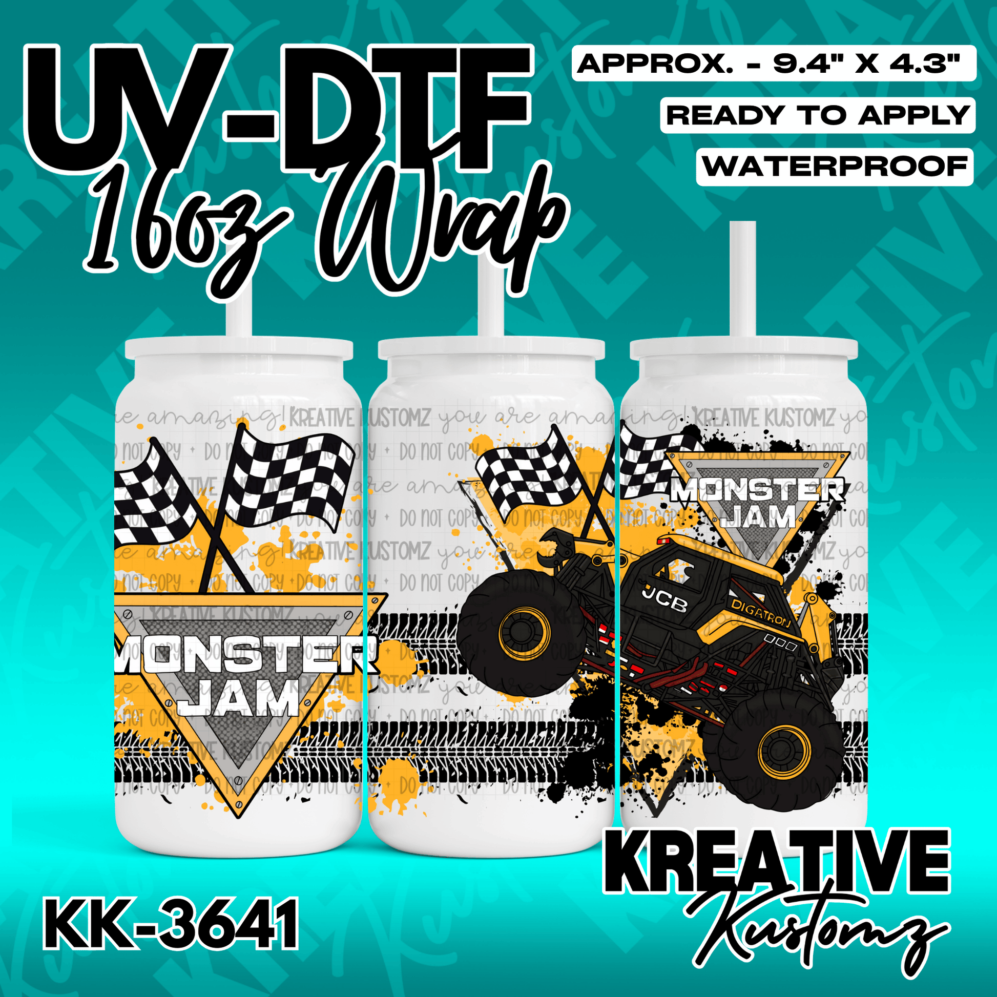 A Monster Jam themed UV DTF adhesive wrap for a 16oz glass can featuring a yellow monster truck.