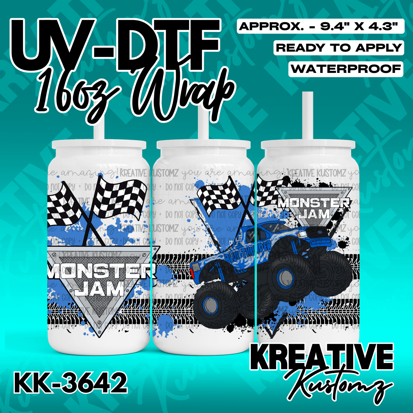 A Monster Jam themed UV DTF wrap for a 16oz glass can featuring a blue monster truck design.