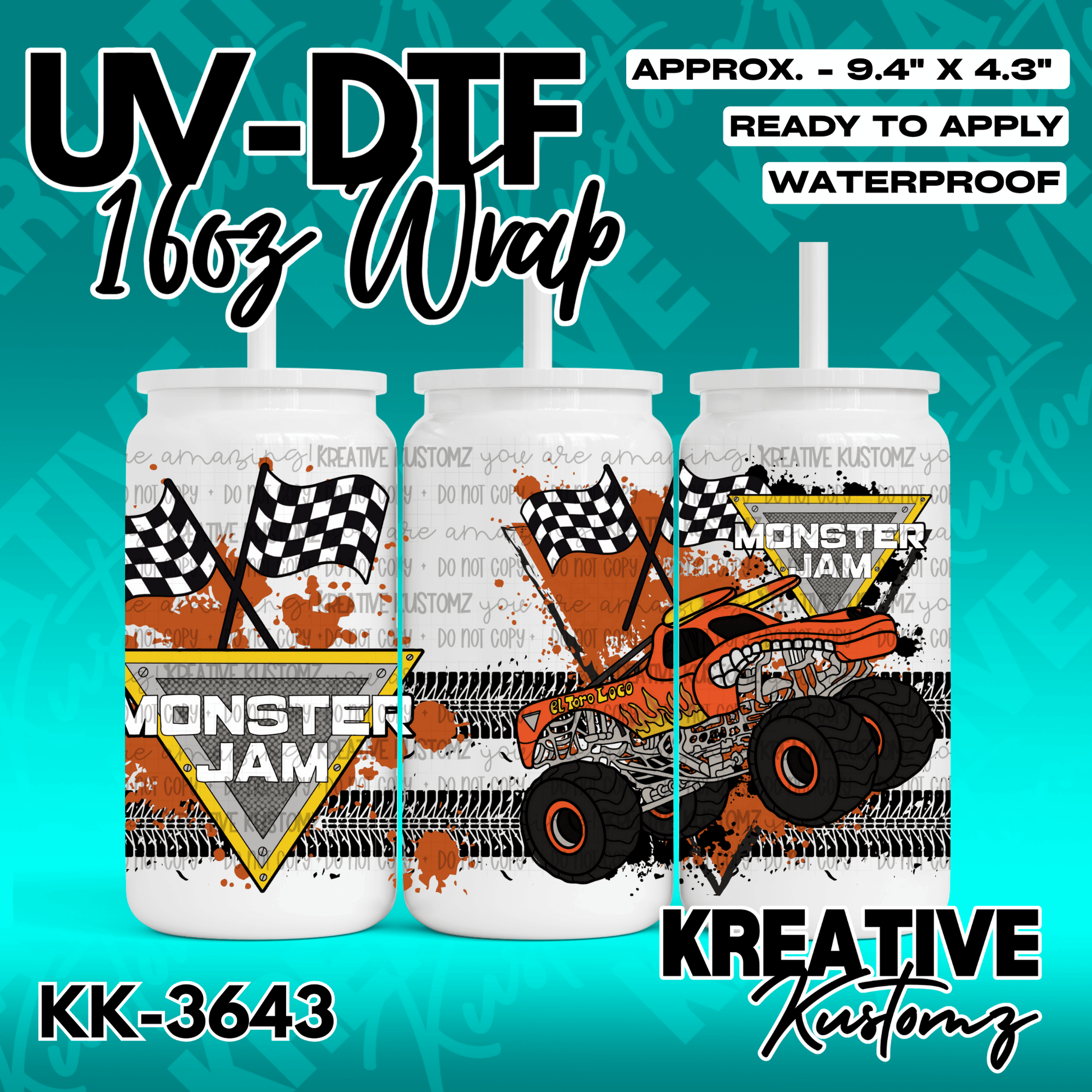 A Monster Jam themed UV DTF adhesive wrap for a 16oz glass can featuring a monster truck design.