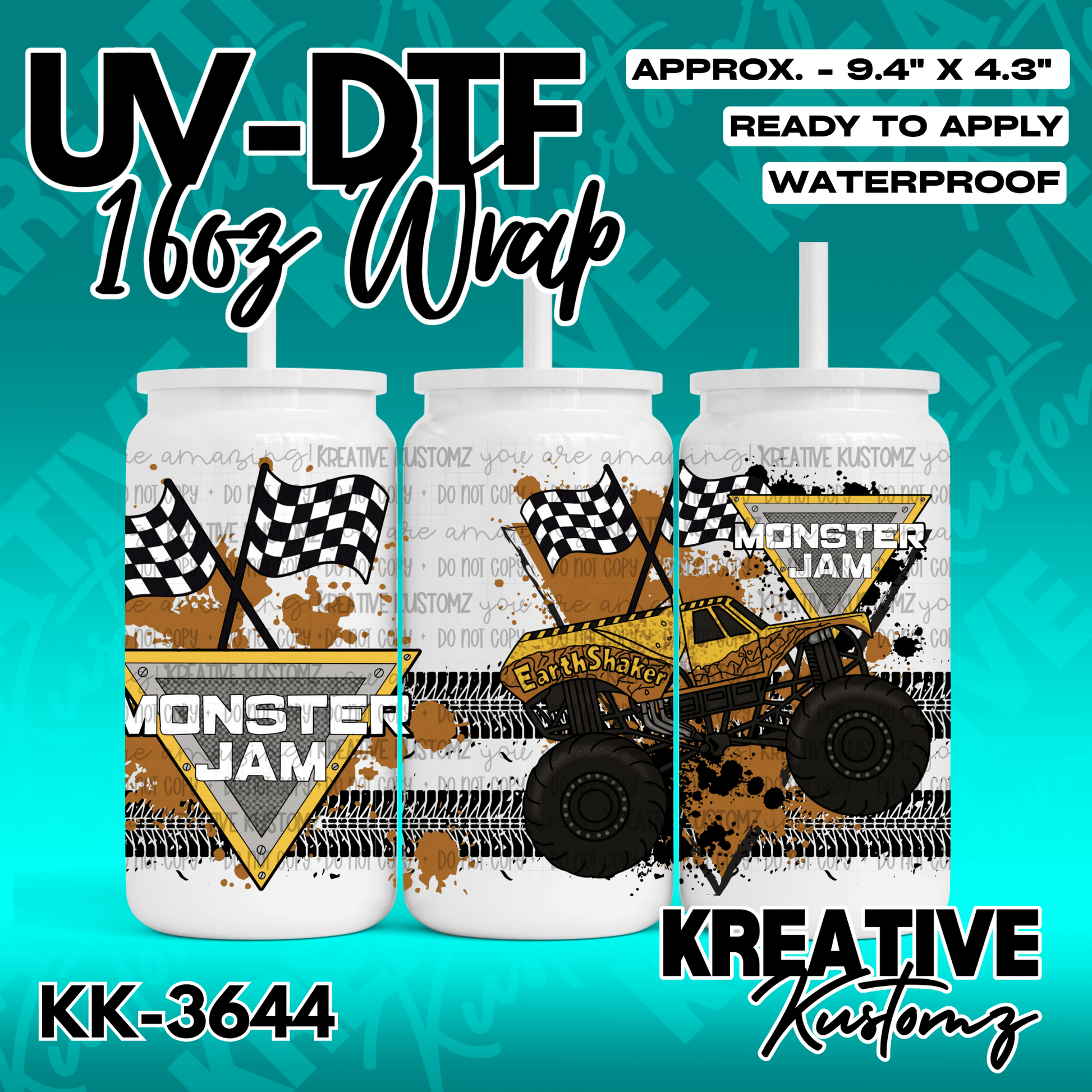 A Monster Jam themed adhesive cup wrap featuring a yellow monster truck and checkered flags.
