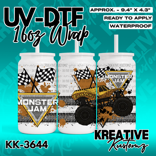 A Monster Jam themed adhesive cup wrap featuring a yellow monster truck and checkered flags.