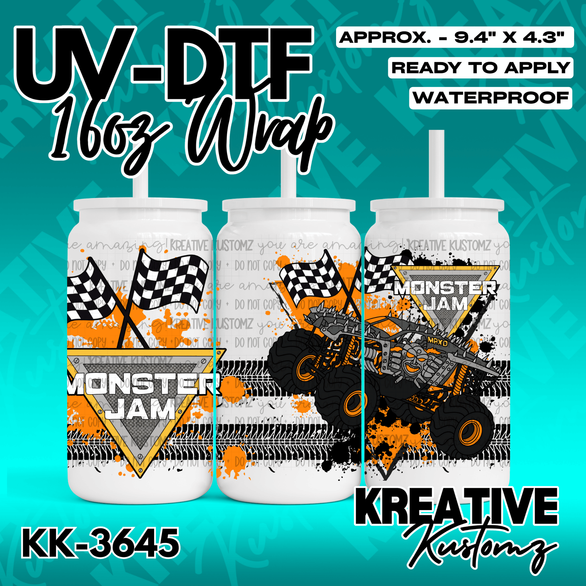 A Monster Jam themed adhesive wrap for a 16 ounce glass cup featuring monster trucks and flags.