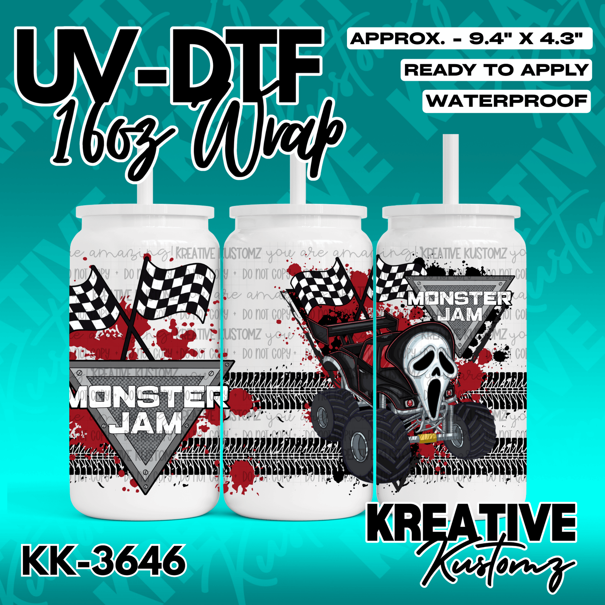 A Monster Jam themed UV DTF adhesive wrap for a 16oz glass can featuring a ghost face monster truck.