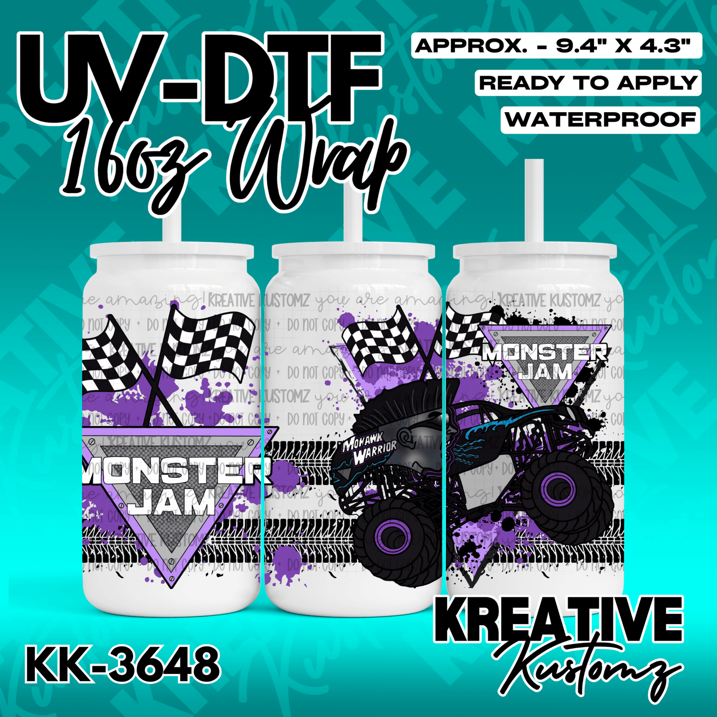 A Monster Jam themed UV DTF wrap for a 16oz glass can featuring a purple monster truck design.
