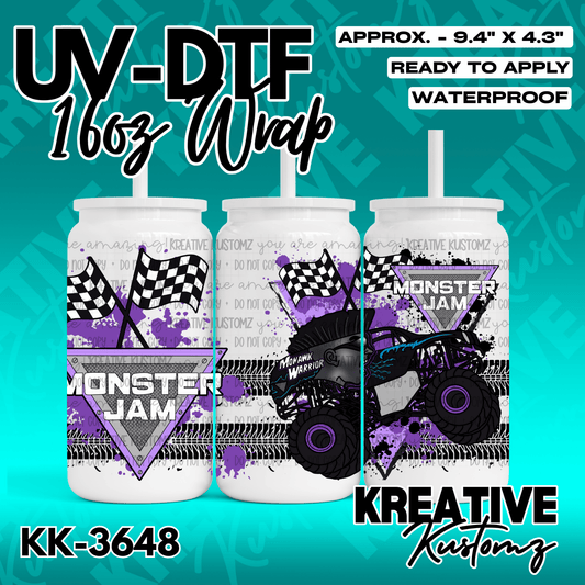 A Monster Jam themed UV DTF wrap for a 16oz glass can featuring a purple monster truck design.