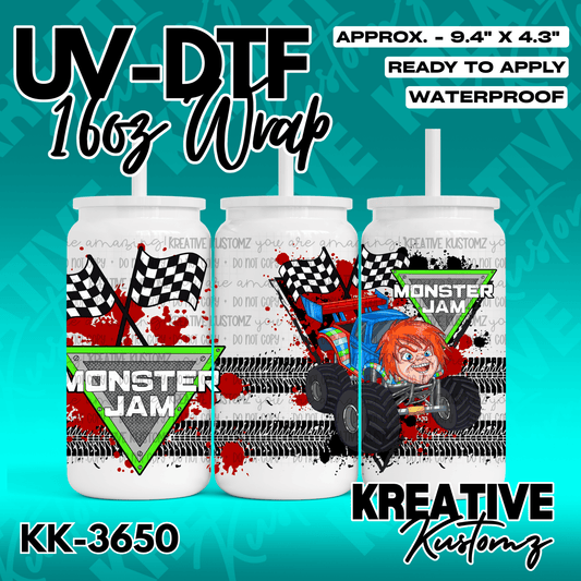 A Monster Jam themed UV DTF adhesive wrap for a 16oz glass can featuring Chucky and race flags.