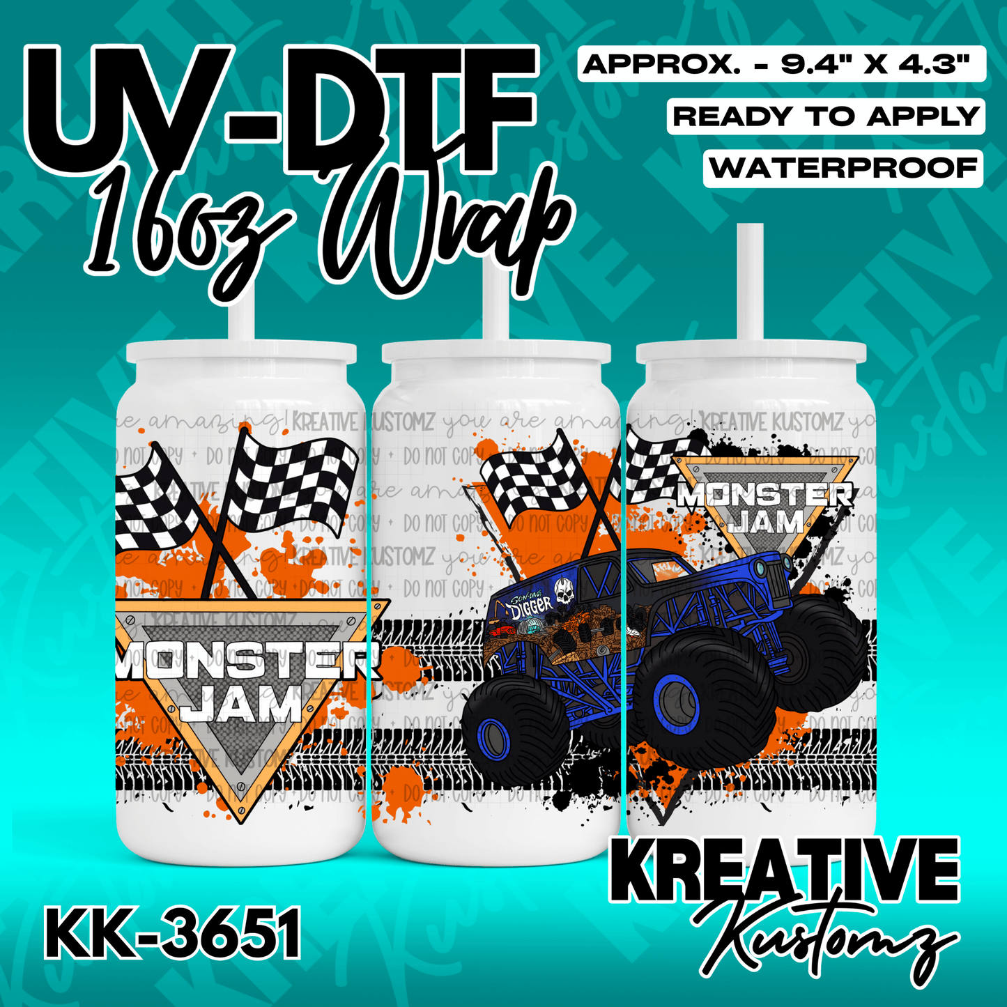 A Monster Jam themed UV DTF adhesive wrap for a 16oz glass can featuring a monster truck design.