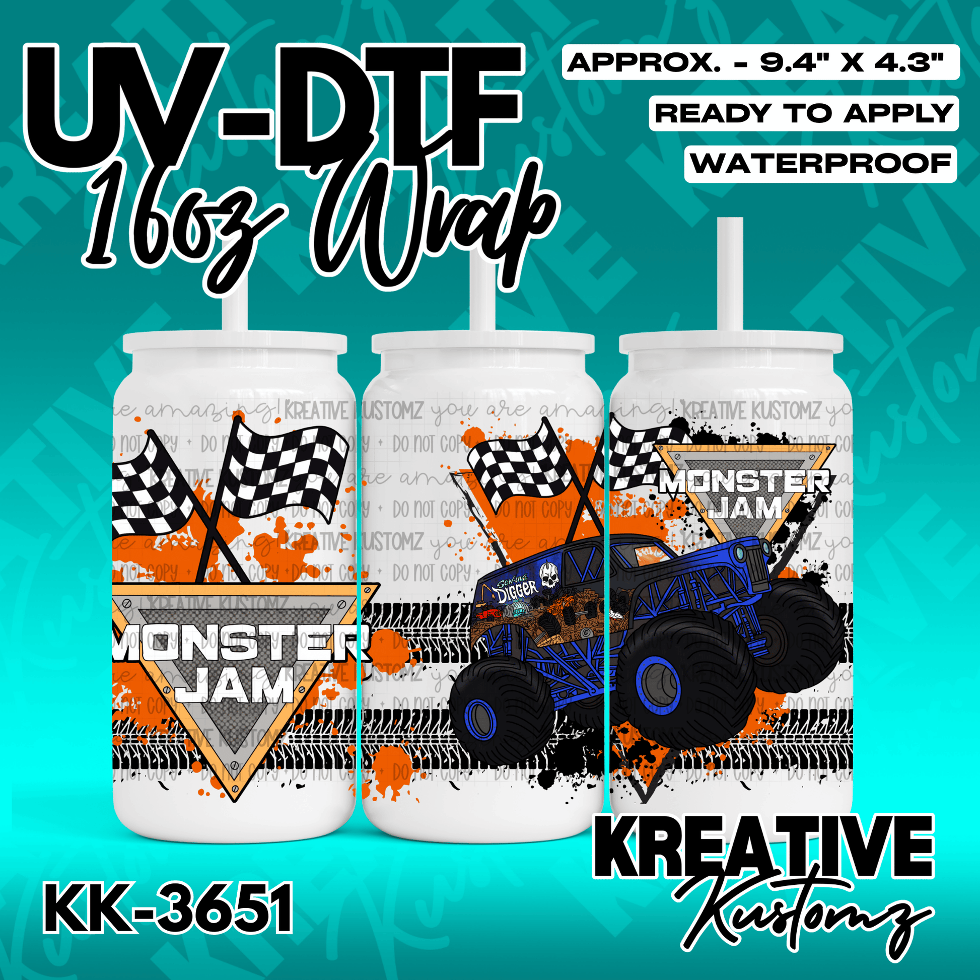 A Monster Jam themed UV DTF adhesive wrap for a 16oz glass can featuring a monster truck design.