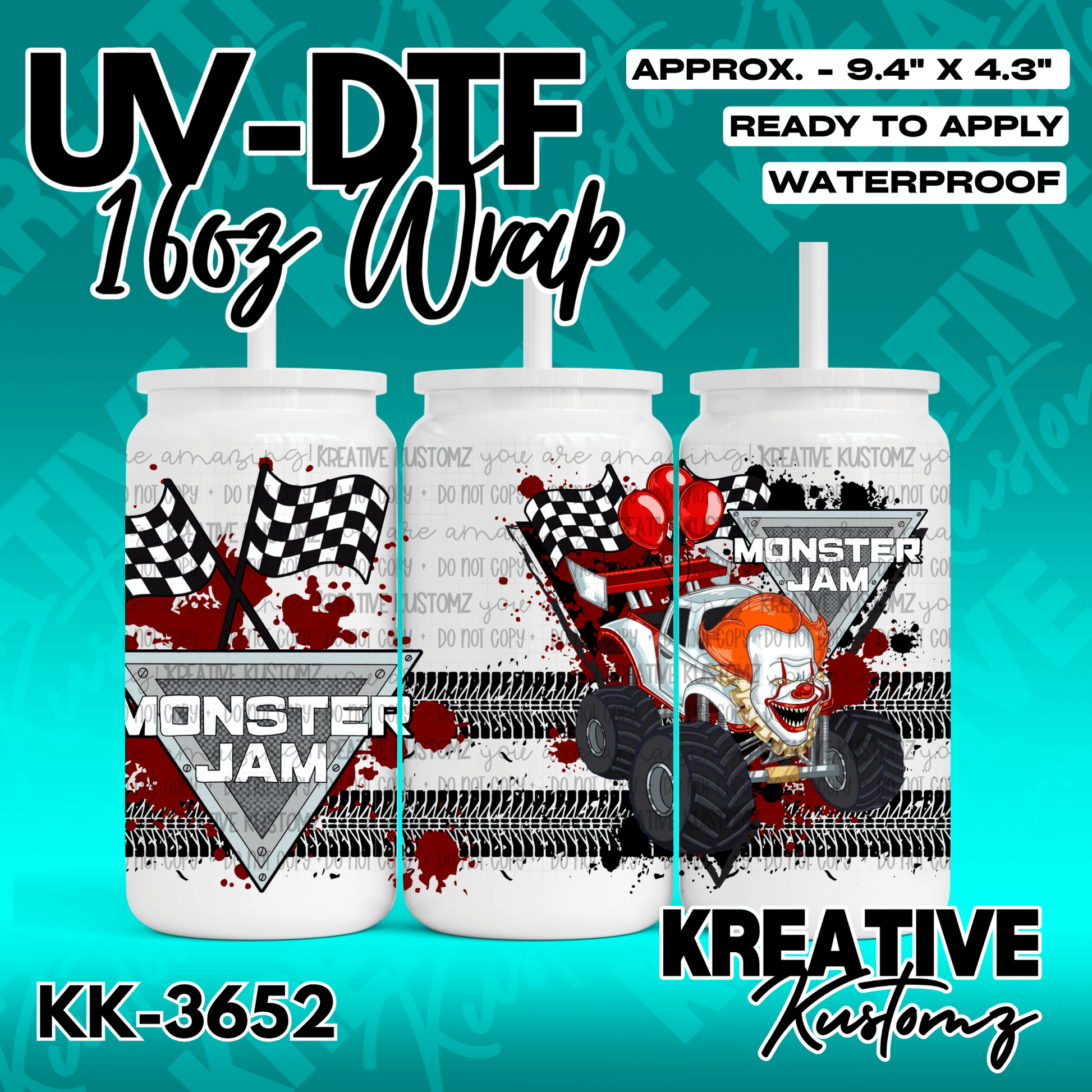 A Monster Jam themed UV DTF adhesive wrap for a 16oz glass can cup featuring a clown monster truck.