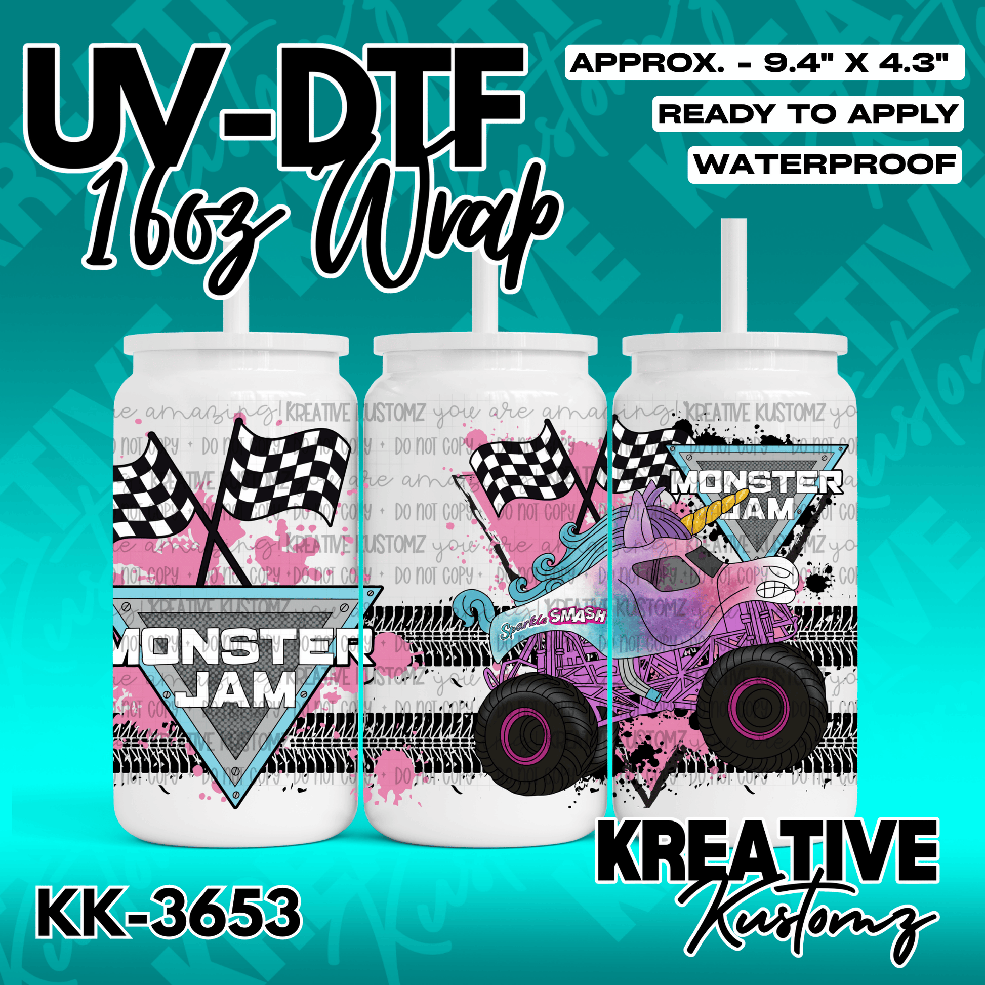 A UV DTF cup wrap featuring a monster truck, checkered flags, and a unicorn design.