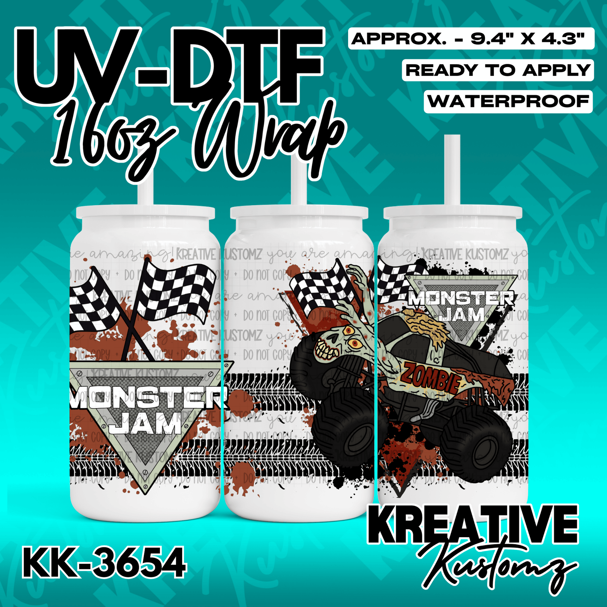 A Monster Jam themed UV DTF wrap for a 16oz glass can featuring a zombie monster truck design.