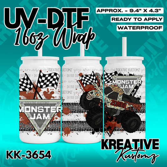 A Monster Jam themed UV DTF wrap for a 16oz glass can featuring a zombie monster truck design.