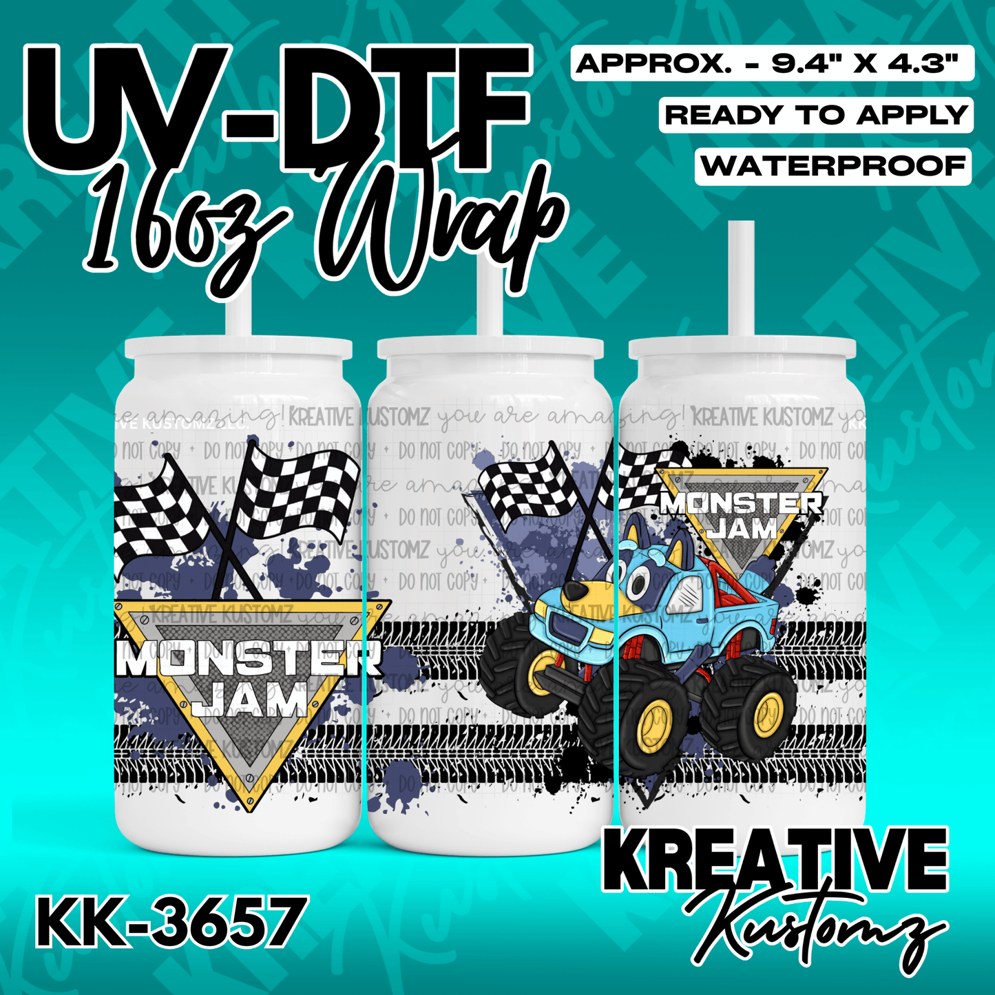 A Monster Jam themed UV DTF adhesive wrap for a 16oz glass cup featuring a monster truck design.