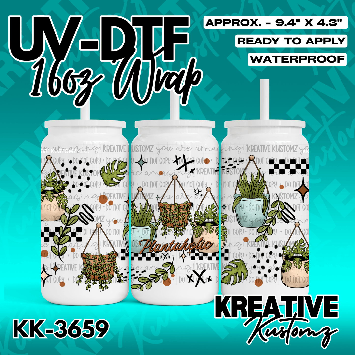 A plant-themed UV DTF adhesive wrap for a 16oz glass can featuring hanging potted plants.