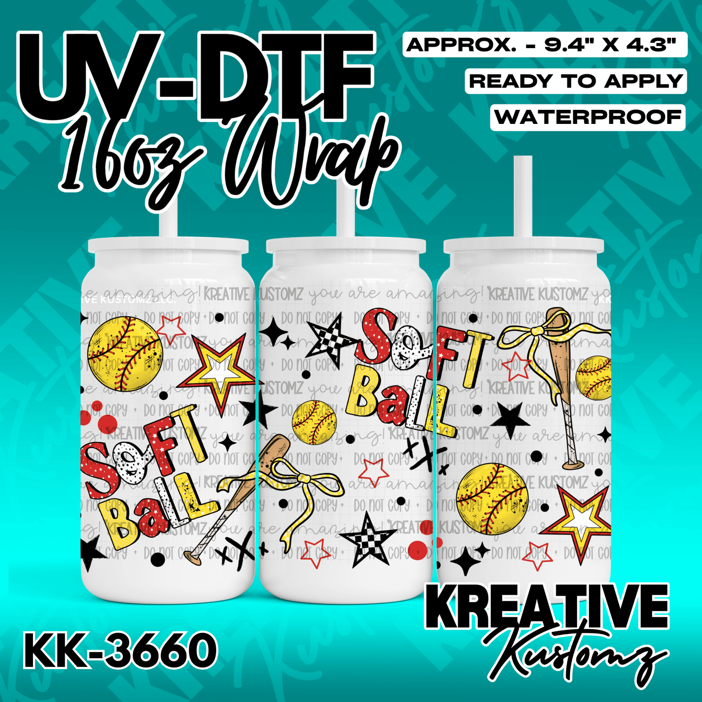 A softball themed UV DTF cup wrap featuring baseballs, bats, and stars on a white background.