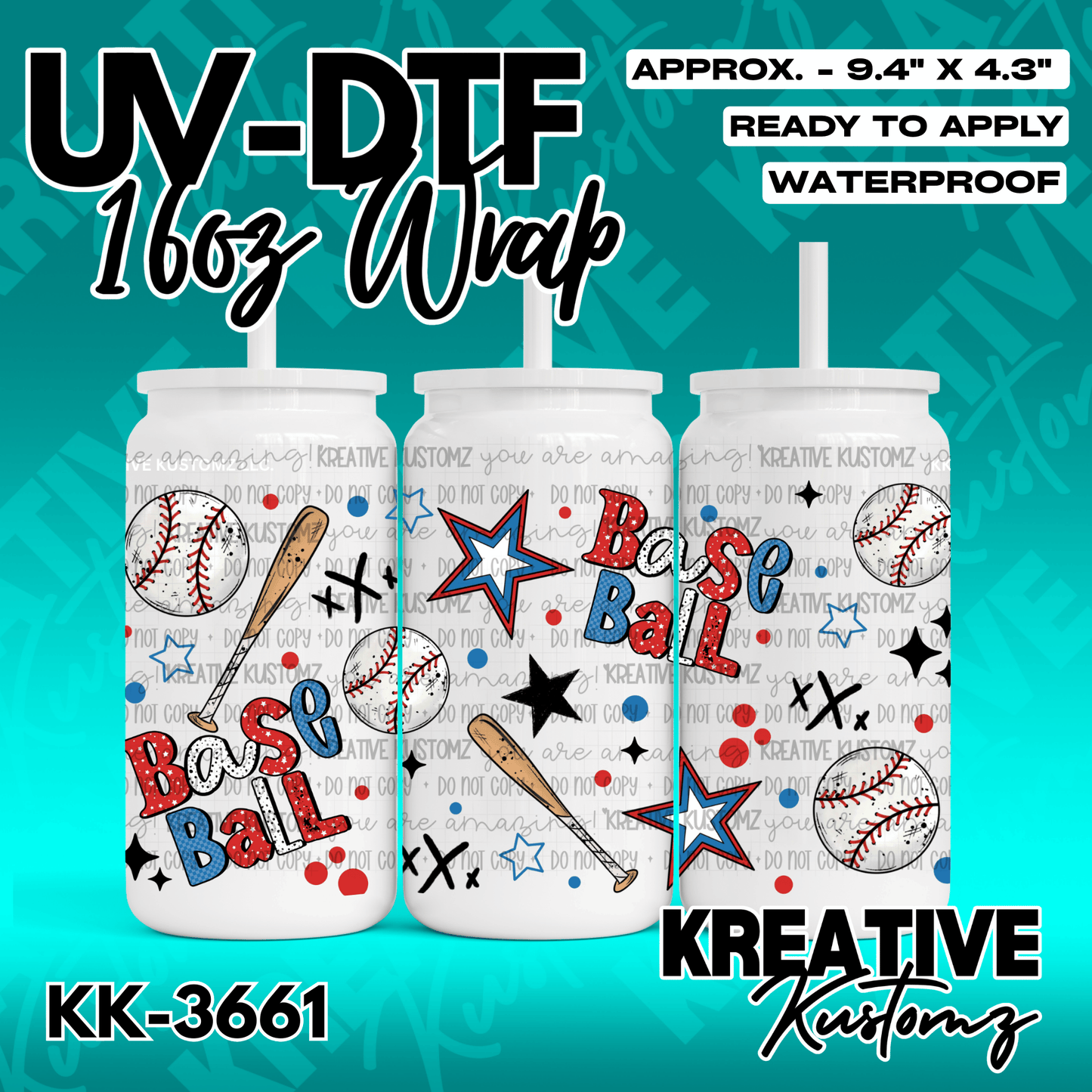 A baseball themed adhesive wrap for a 16 ounce glass cup featuring bats, balls, and stars.