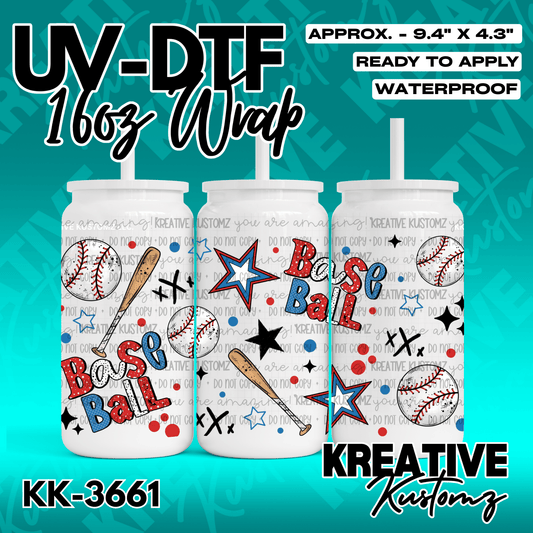 A baseball themed adhesive wrap for a 16 ounce glass cup featuring bats, balls, and stars.