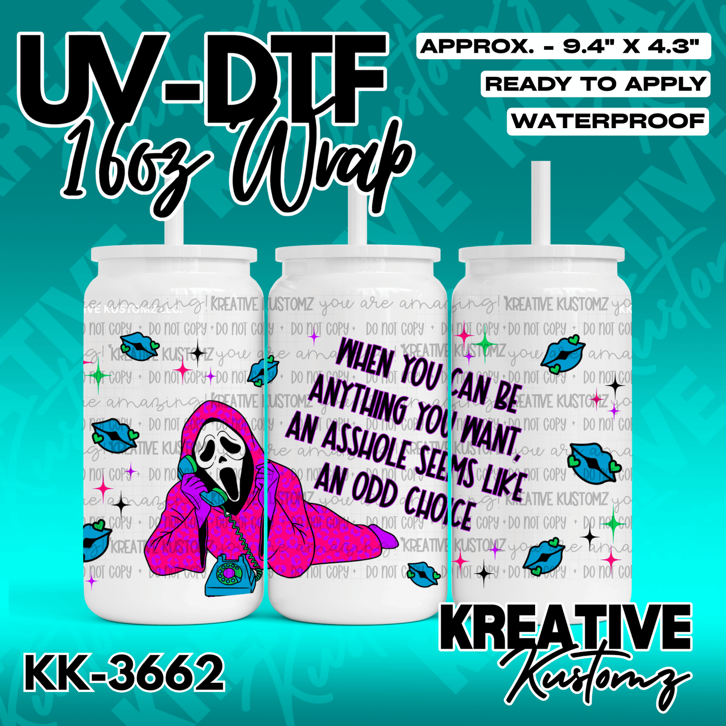 A UV DTF cup wrap featuring a character on a phone with the text when you can be anything you want.