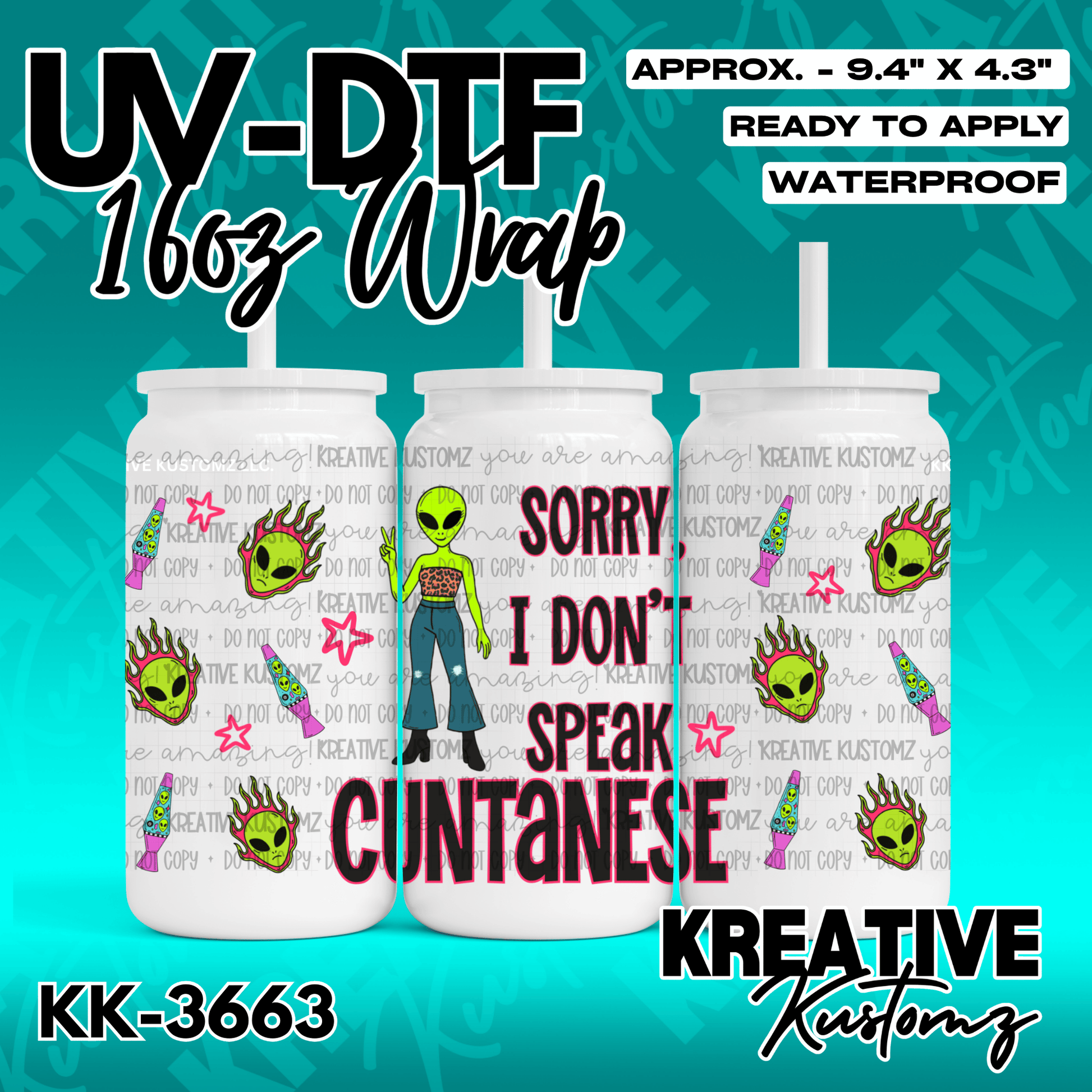 A UV DTF cup wrap featuring alien, lava lamp, and flame graphics with the text Cuntanese.