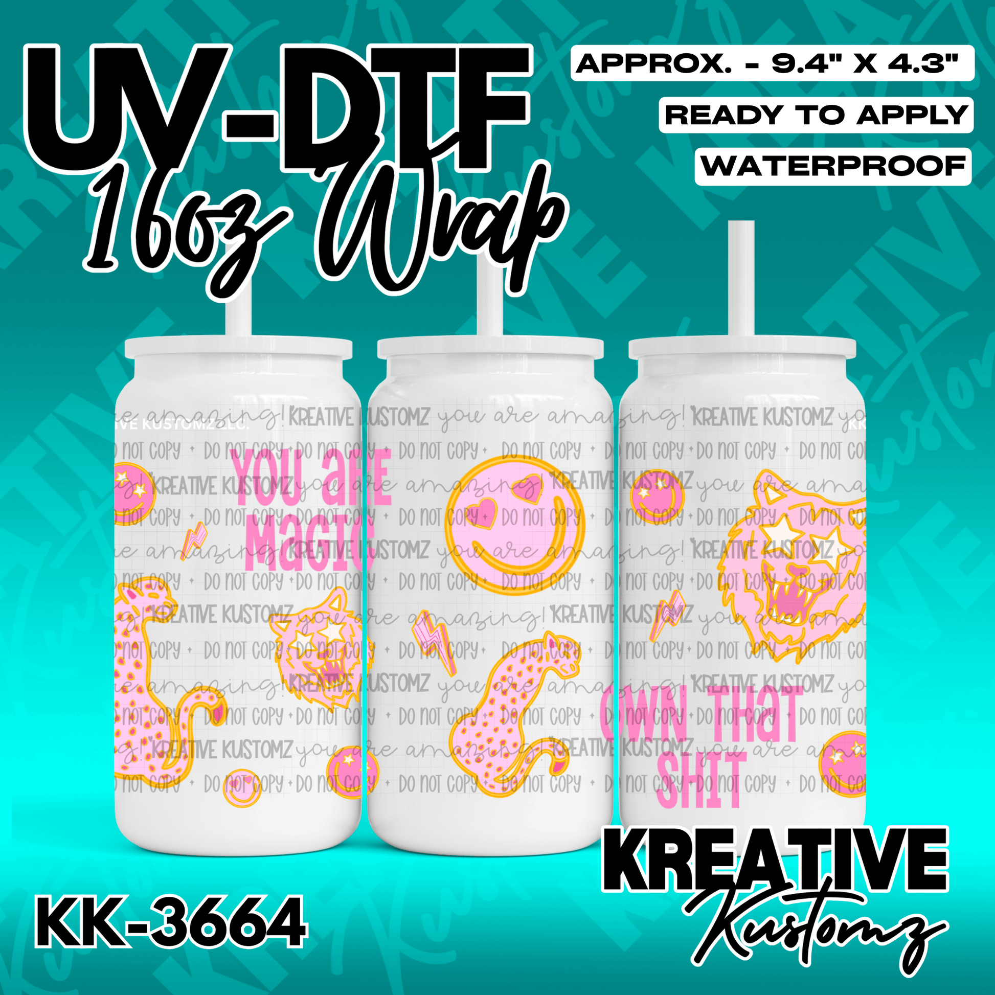 A UV DTF adhesive wrap for a 16oz glass cup featuring pink and orange leopard and smiley designs.