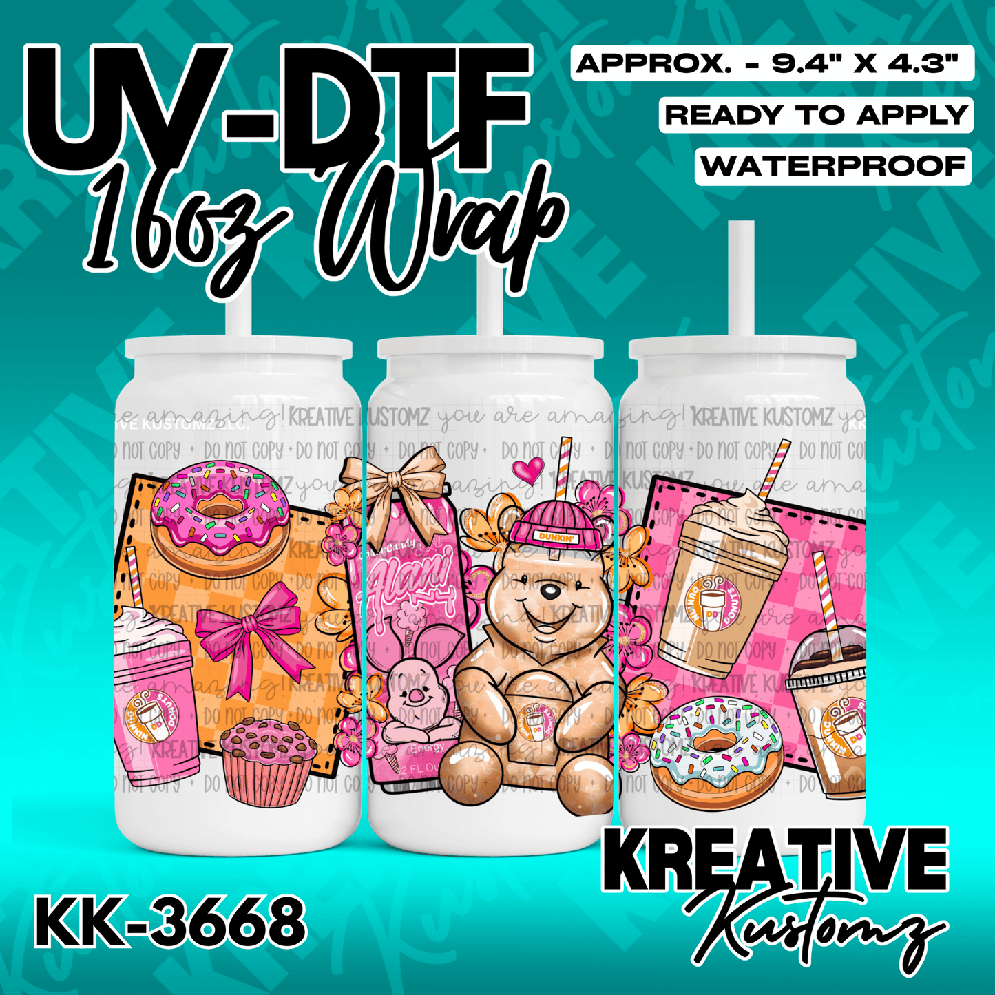 A colorful UV DTF adhesive wrap for 16oz glass cans featuring donuts, coffee, and teddy bear art.