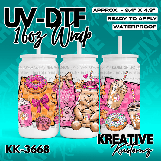 A colorful UV DTF adhesive wrap for 16oz glass cans featuring donuts, coffee, and teddy bear art.