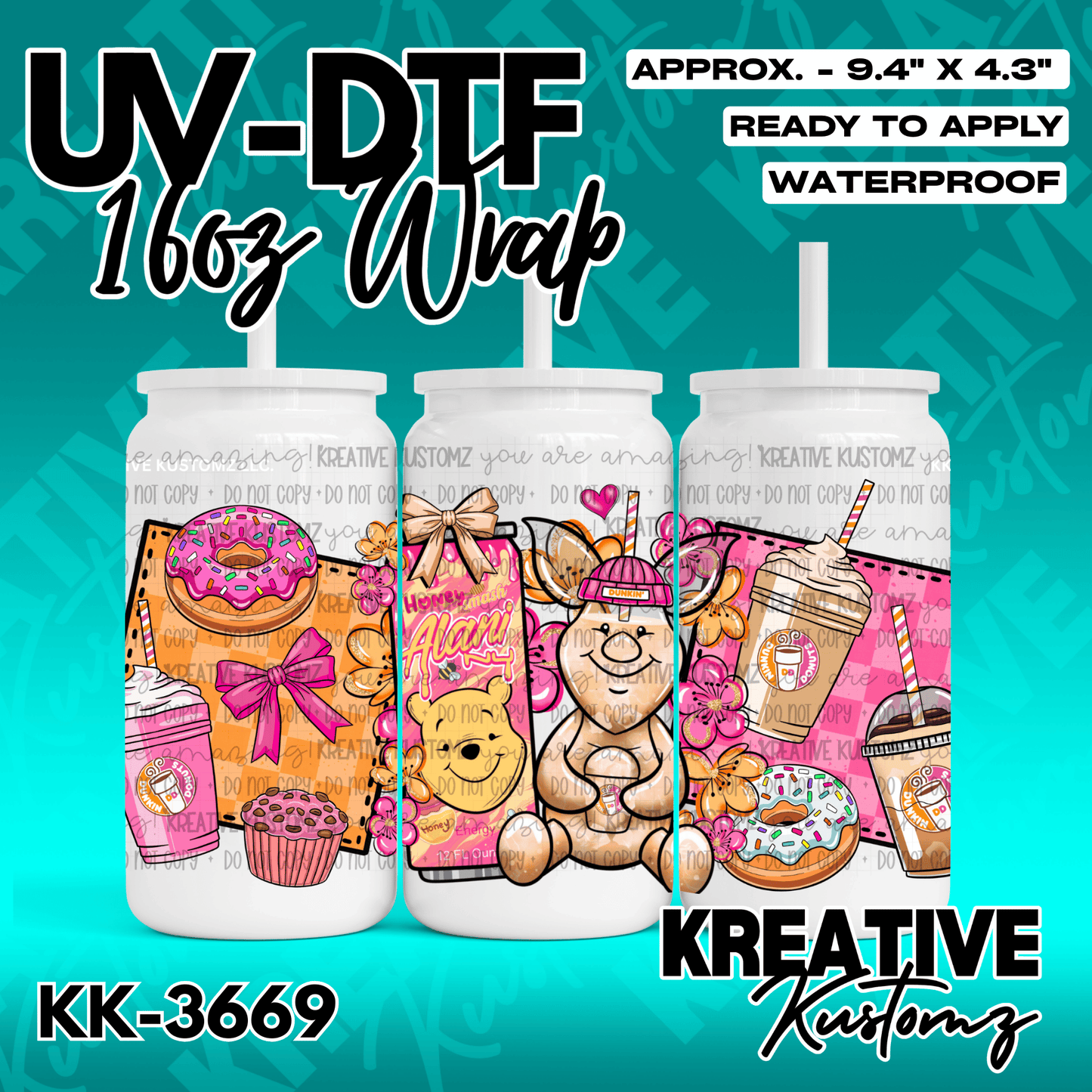 A colorful UV DTF cup wrap featuring Winnie the Pooh, donuts, and coffee themed illustrations.