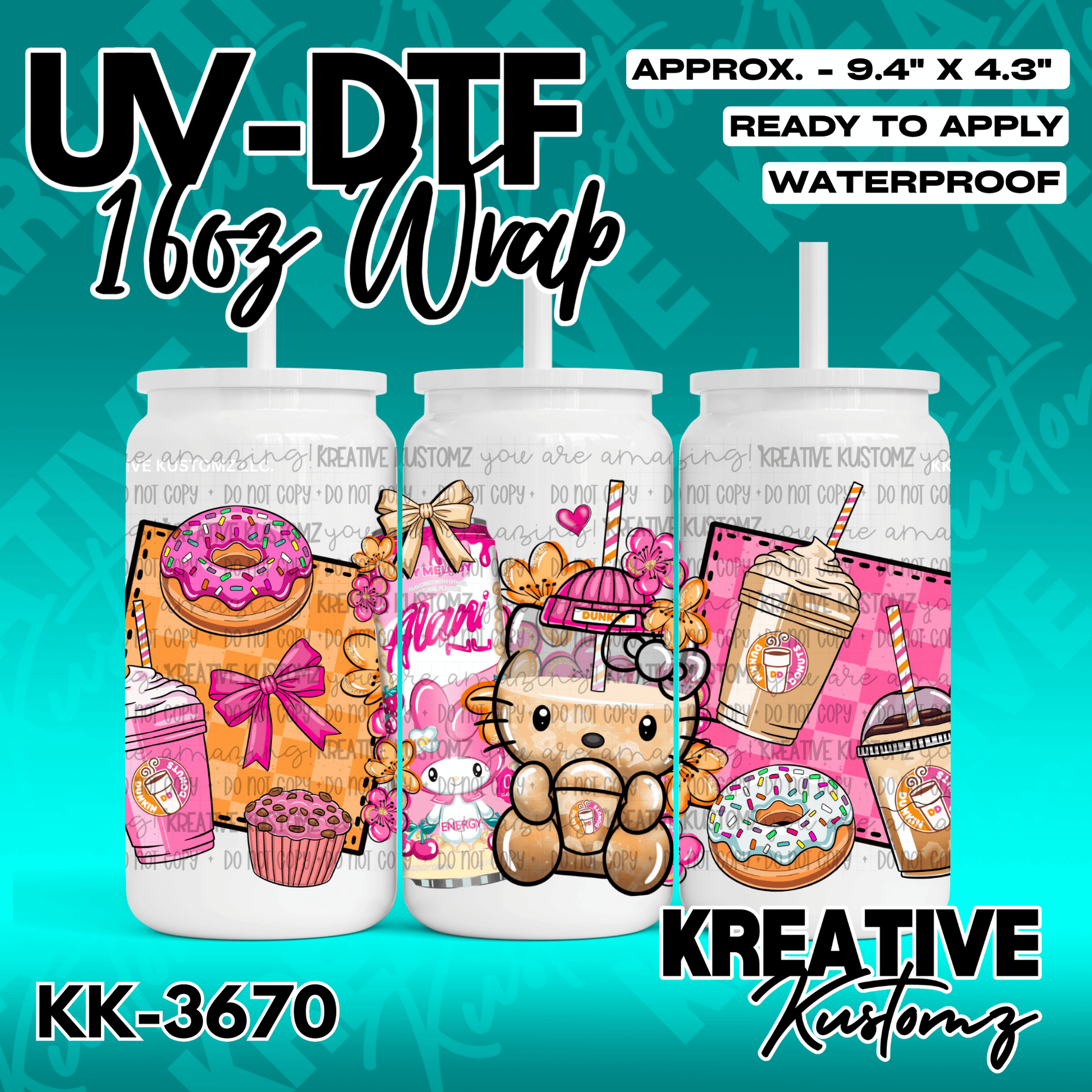 A colorful UV DTF adhesive wrap for 16oz glass cans featuring donuts, coffee, and floral designs.