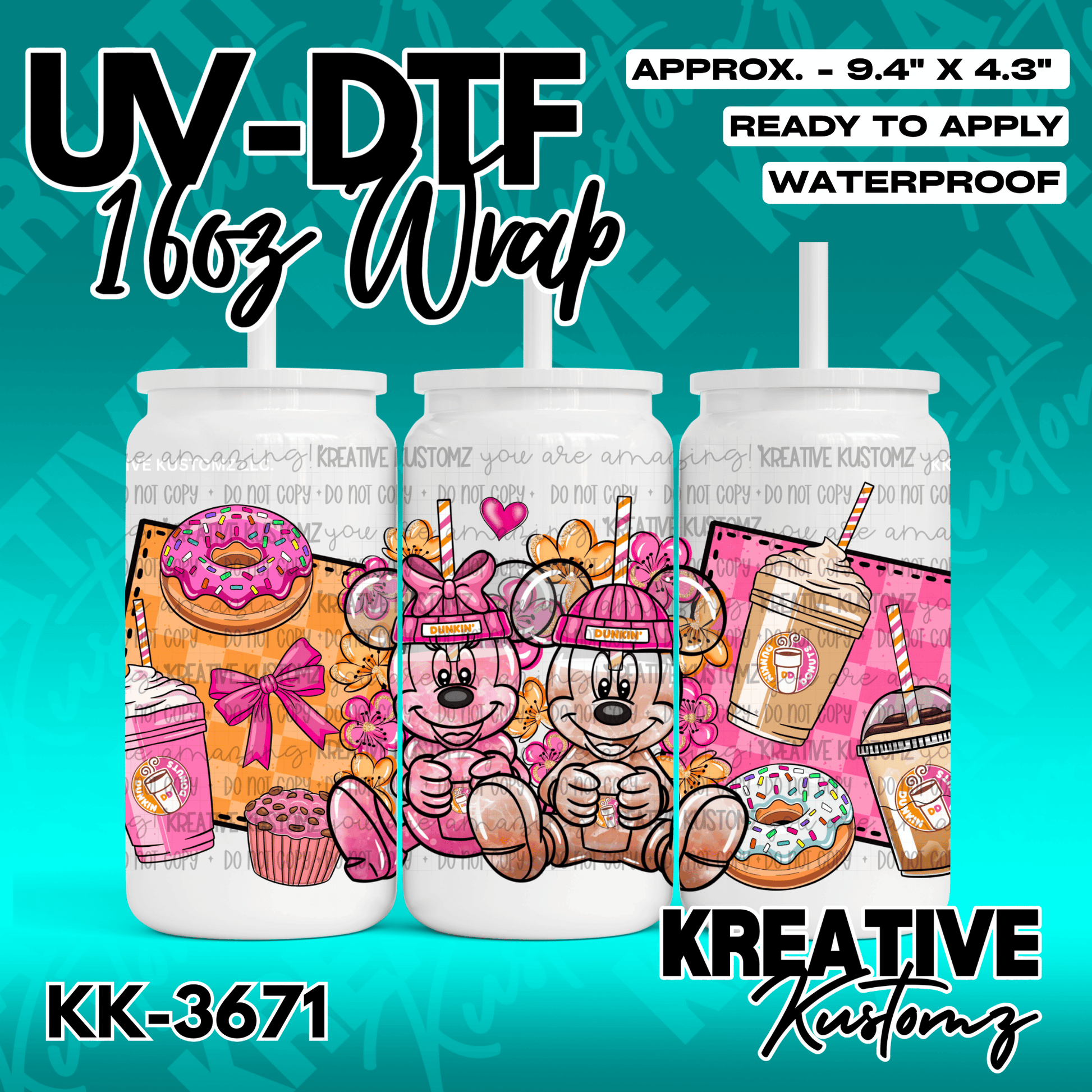 A colorful UV DTF cup wrap featuring Mickey and Minnie Mouse with donuts and coffee.