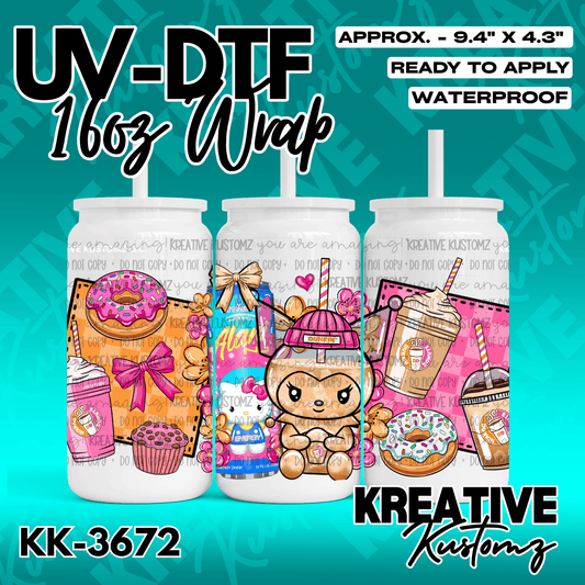A colorful UV DTF cup wrap featuring Dunkin themed donuts, coffee, and character illustrations.