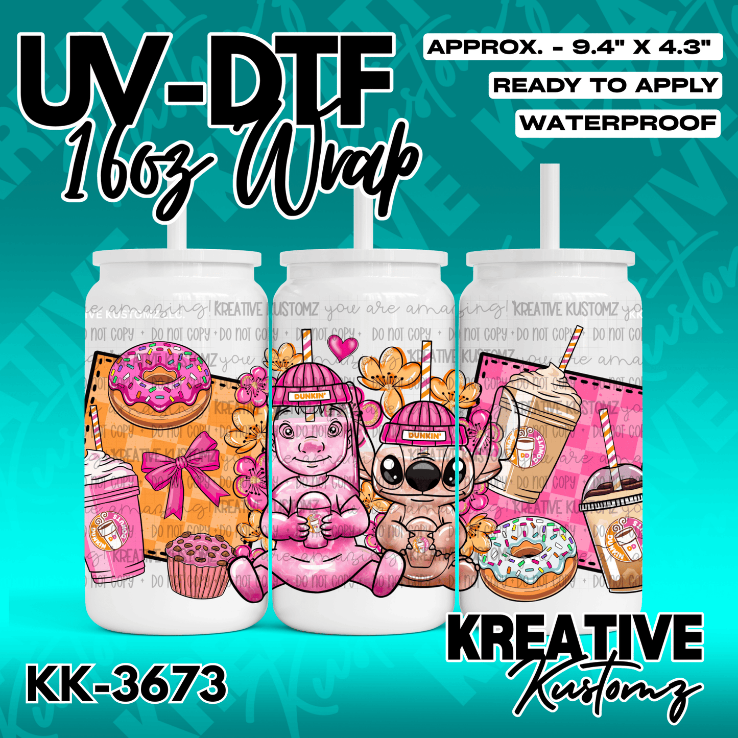A colorful UV DTF wrap for a 16oz glass can featuring cartoon characters, donuts, and coffee.