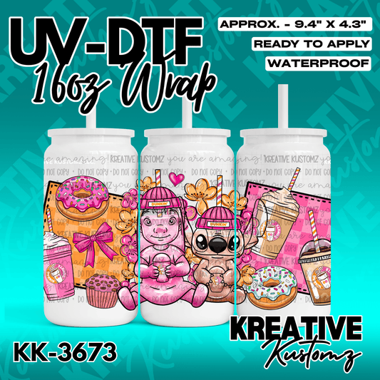 A colorful UV DTF wrap for a 16oz glass can featuring cartoon characters, donuts, and coffee.
