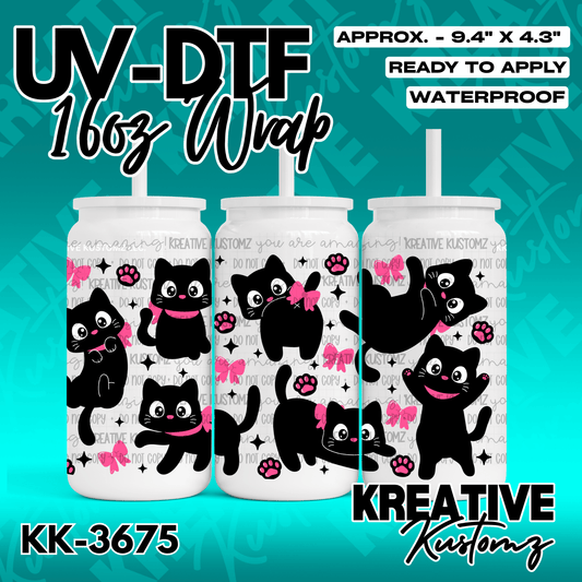 A UV DTF cup wrap featuring black cats with pink bows and paw prints on a white background.