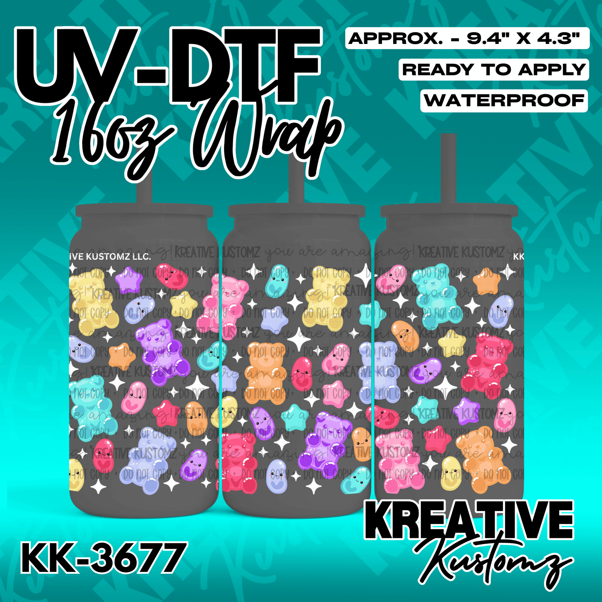 A UV DTF adhesive wrap for 16oz glass cans featuring a pattern of colorful gummy bears.