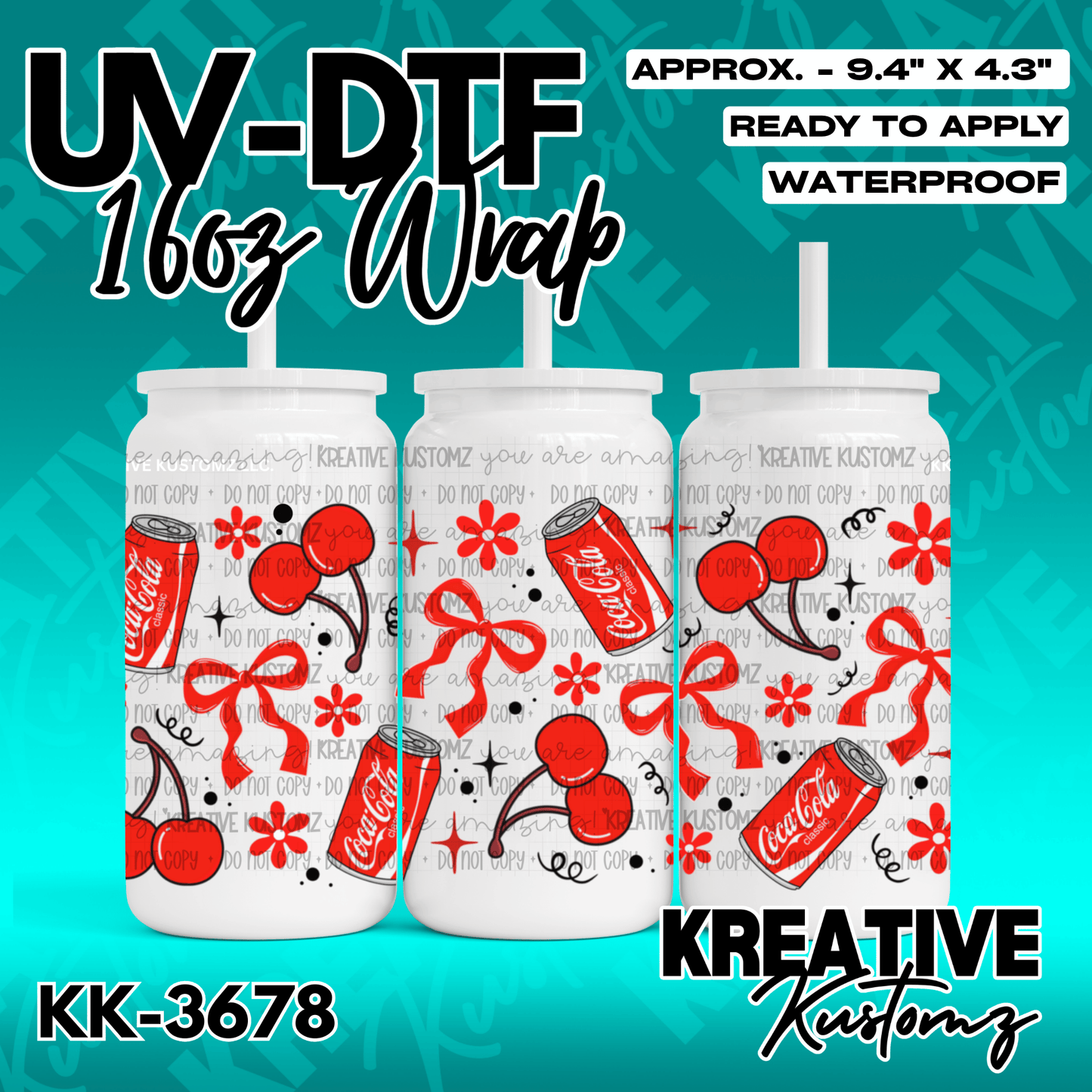 A waterproof UV DTF adhesive wrap for 16oz glass cans featuring a red Coca-Cola and cherry pattern.